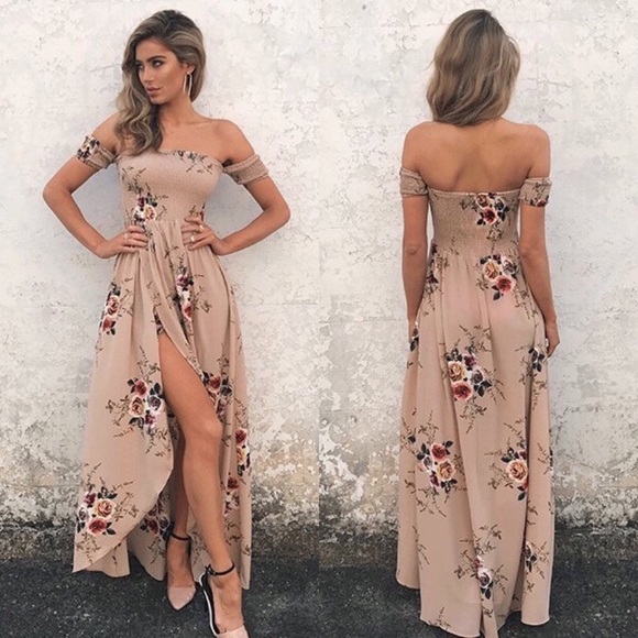 Dresses & Skirts - Faux Wrap Smocked Off Shoulder Floral Maxi Dress